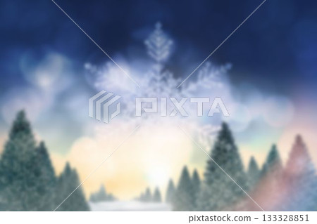 Flat vector snowflake hovering above snowy evergreen grove under blurred light sky with bokeh orbs Flat vector snowflake hovering above snowy evergreen grove under blurred light sky with bokeh orbs 133328851