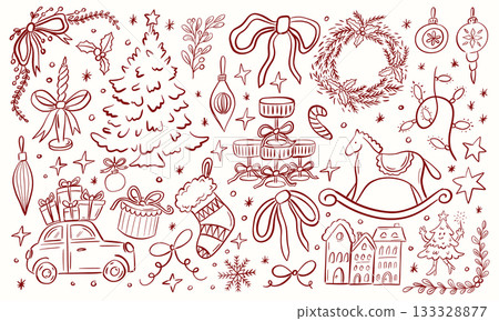 Christmas doodle line art festive holiday elements collection 133328877