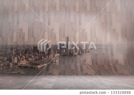 Flat design is showing panoramic city skyline mural on wood-panel wall with grey wooden floor Flat design is showing panoramic city skyline mural on wood-panel wall with grey wooden floor 133328898