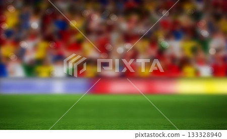 Flat design sports stadium is featuring green grass field, with ad boards and blurred crowd Flat design sports stadium is featuring green grass field, with ad boards and blurred crowd 133328940