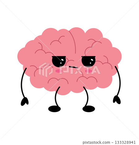 Brain angry, cute child character. Confused brain doubt over question, seek answer. Brain angry, cute child character. Confused brain doubt over question, seek answer. 133328941