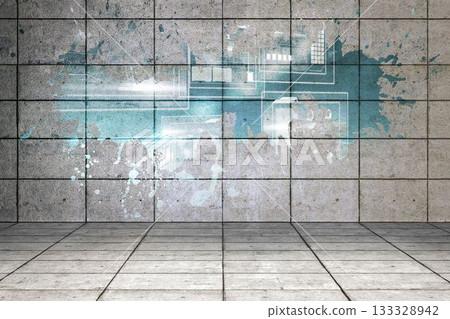 Splash on wall revealing technology interface Splash on wall revealing technology interface 133328942