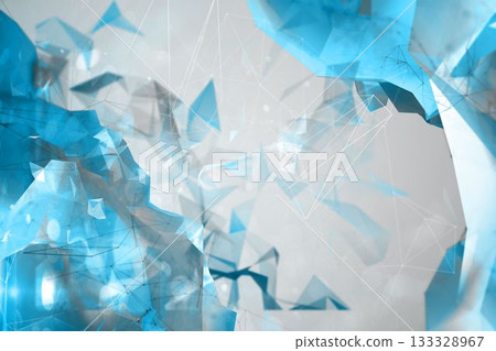 Translucent blue polygon shards floating in grey 3D render space, forming lines with glowing nodes 133328967