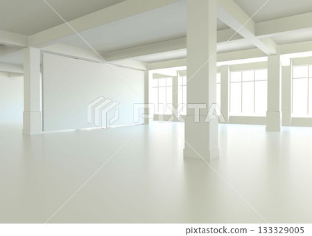Open-plan interior space is showing shiny floor, columns, beams and grid windows in 3D render Open-plan interior space is showing shiny floor, columns, beams and grid windows in 3D render 133329005