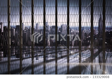 Room with large window looking on city 133329008