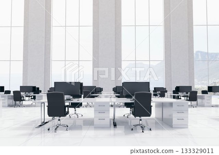 Featuring flat vector open-plan office with white desks, black chairs, monitors, mountain sea view Featuring flat vector open-plan office with white desks, black chairs, monitors, mountain sea view 133329011