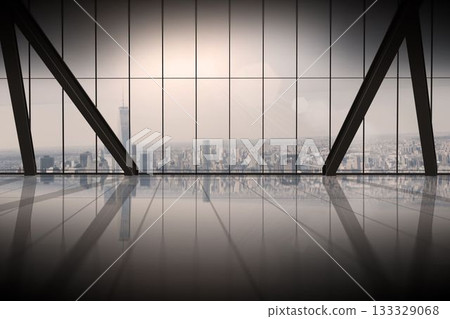 Room with large window looking on city 133329068