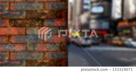 Weathered red brick wall is dividing flat design urban street scene with yellow taxi and signage Weathered red brick wall is dividing flat design urban street scene with yellow taxi and signage 133329071