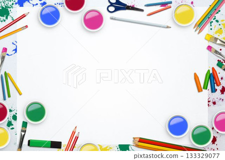 Blank paper is lying on tabletop in flat style, paint containers, brushes and splatters, copy space Blank paper is lying on tabletop in flat style, paint containers, brushes and splatters, copy space 133329077