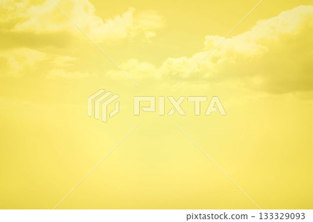 Yellow tinted sky with floating cumulus clouds is being shown in flat design illustration 133329093