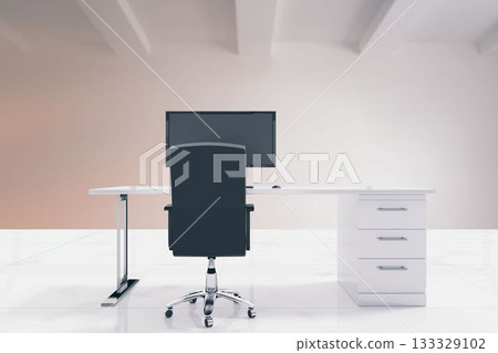 flat design minimalist office is featuring white desk and black chair with monitor and mouse 133329102