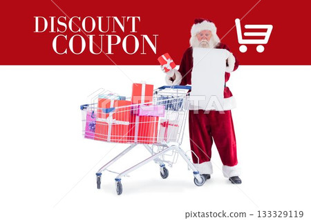 Vector showing Santa standing beside shopping cart holding gift and scroll under discount coupon ban Vector showing Santa standing beside shopping cart holding gift and scroll under discount coupon ban 133329119