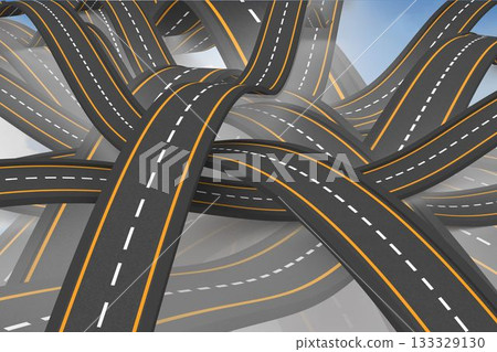 Asphalt highways twisting in 3D render over cloudy sky with yellow edges white dashes, copy space 133329130