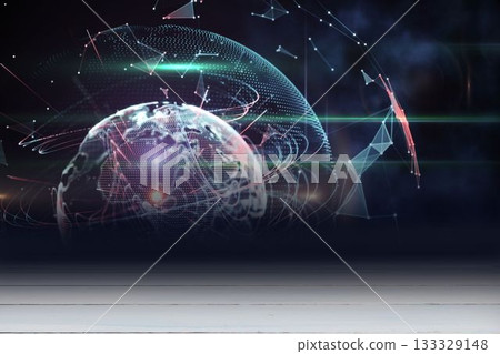 3D holographic globe is hovering over stage in void with dot-matrix mesh and neon green-pink trails 3D holographic globe is hovering over stage in void with dot-matrix mesh and neon green-pink trails 133329148