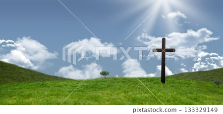 Flat design is showing weathered wooden cross on hill, rays streaming through clouds and lone tree Flat design is showing weathered wooden cross on hill, rays streaming through clouds and lone tree 133329149