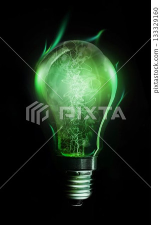 3D render is showing glowing green incandescent bulb floating in black void with swirling patterns 133329160