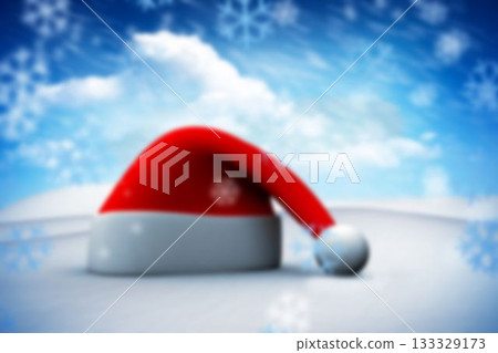 Red and white Santa hat is resting on undulating snow under drifting snowflakes in flat design Red and white Santa hat is resting on undulating snow under drifting snowflakes in flat design 133329173
