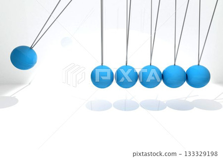 Six glossy blue spheres are swinging in Newton's cradle over reflective white base in 3D render Six glossy blue spheres are swinging in Newton's cradle over reflective white base in 3D render 133329198