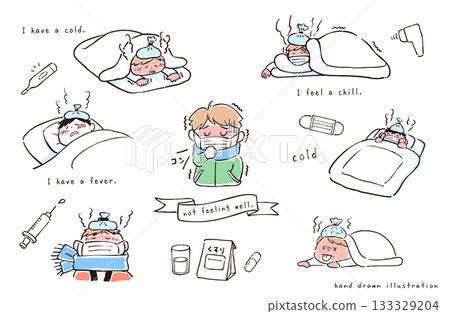 Illustration set of people who are unwell with a cold Illustration set of people who are unwell with a cold 133329204