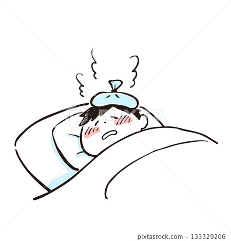 Illustration of a person in bed with a fever 133329206