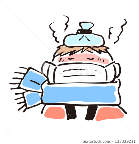 A sick person with a fever and an ice pack on their head 133329211