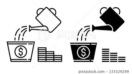 Linear icon. Garden watering can waters a flower pot with a money tree. Simple vector isolated on white background Linear icon. Garden watering can waters a flower pot with a money tree. Simple vector isolated on white background 133329299