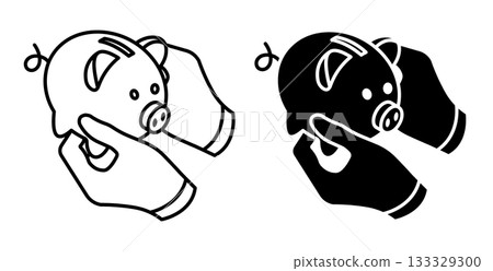 Linear isometric icon. Hands of a thrifty person carefully hold a piggy bank with money savings. Simple vector isolated on white background Linear isometric icon. Hands of a thrifty person carefully hold a piggy bank with money savings. Simple vector isolated on white background 133329300