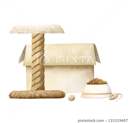 Cat scratching post, box and food bowl watercolor illustration isolated on white. Pet furniture and meal clip art for domestic animals accessories shops, interior designs and charity concepts 133329407