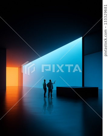 People standing inside futuristic gradient gallery with large illuminated digital wall composition. 133329681
