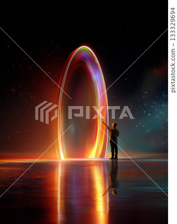 Person pointing at tall glowing oval portal in cosmic environment Person pointing at tall glowing oval portal in cosmic environment 133329694