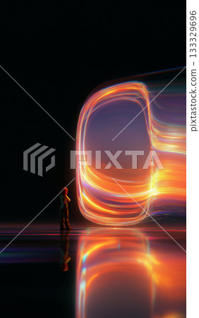 Woman observing large glowing neon energy shape in dark space composition. 133329696