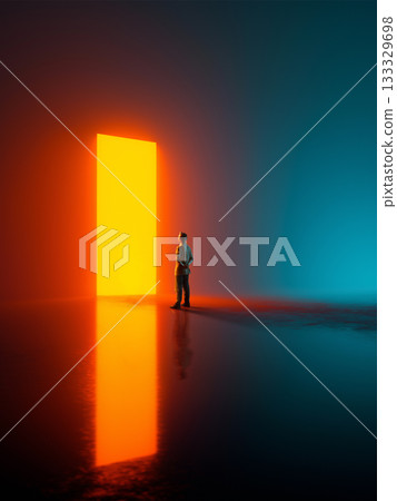 Person standing in front of bright glowing orange portal on reflective floor 133329698
