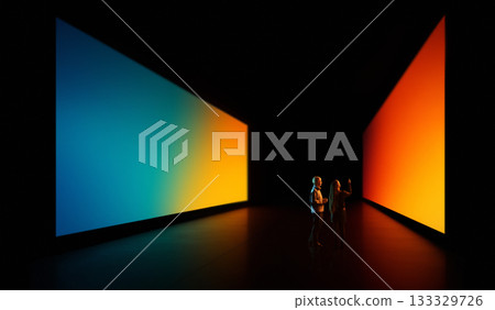 Futuristic scene of gradient gallery illuminating two people exploring vibrant space Futuristic scene of gradient gallery illuminating two people exploring vibrant space 133329726