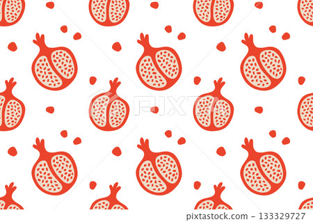 Seamless pattern with pomegranate fruits and seeds, flat cartoon style, bright colorful illustration, decorative botanical design, healthy food, fruit theme, textile and wrapping pattern Seamless pattern with pomegranate fruits and seeds, flat cartoon style, bright colorful illustration, decorative botanical design, healthy food, fruit theme, textile and wrapping pattern 133329727