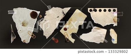 Dirty torn paper pieces set on black background Dirty torn paper pieces set on black background 133329802
