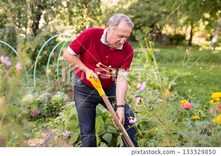 Portrait of an mature man with shovel in backyard of country house 133329850