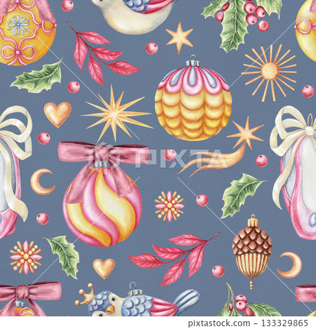 Christmas seamless pattern with ornaments and decor on blue background. Hand drawn watercolor with sparkling pencil texture. Festive design in pink and yellow perfect for textile and wrapping paper. 133329865