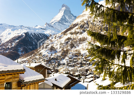 Snowy mountain Matterhorn during the day in winter. Zermatt, swiss alps 133329886