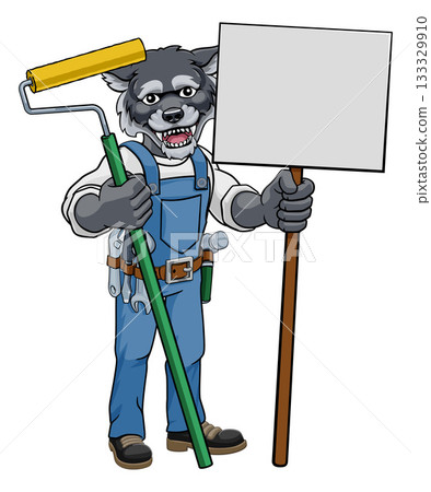 Wolf Painter Decorator Paint Roller Mascot Man 133329910