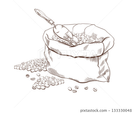Coffee beans in burlap sack,vintage metal scoop with a wooden handle in black and white vector illustration.Minimalistic,elegant design for packaging,labels or rustic-themed projects 133330048