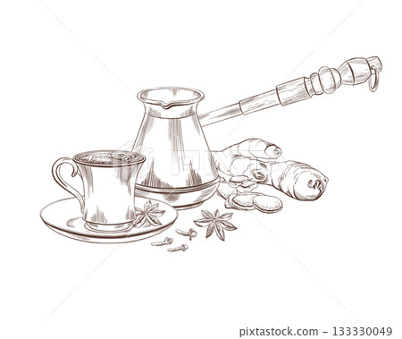 Eastern classic coffee pot and small coffee cup on a saucer with anise, cloves, and ginger as a symbol of oriental ceremonies,hospitality.Vector minimalistic line art for menu design,packaging 133330049