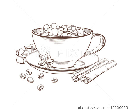 Classic wide porcelain cup with elegant handle,saucer,featuring Americano coffee,marshmallow,cinnamon,vanilla as a symbol of winter cozy,Christmas spirit for coffee lovers.Vector clipart in line Classic wide porcelain cup with elegant handle,saucer,featuring Americano coffee,marshmallow,cinnamon,vanilla as a symbol of winter cozy,Christmas spirit for coffee lovers.Vector clipart in line 133330053