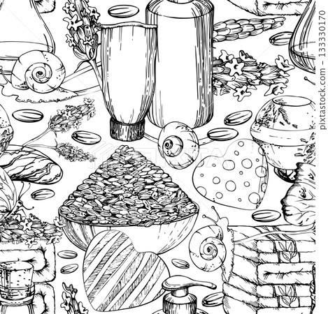 Handmade balm kits with soap bars, bottles towels bath bombs, lavender sprigs and seeds, butterflies snails. Hand drawn in vector ink, seamless pattern isolated illustration. Skincare eco rustic label Handmade balm kits with soap bars, bottles towels bath bombs, lavender sprigs and seeds, butterflies snails. Hand drawn in vector ink, seamless pattern isolated illustration. Skincare eco rustic label 133330170