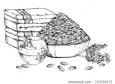 Shallow ceramic dish with natural lavender seeds, lavandula flower stalks, bath towels and bomb infused with petals. Isolated illustration hand drawn in vector ink. Farmer's lavender fair, spa salon Shallow ceramic dish with natural lavender seeds, lavandula flower stalks, bath towels and bomb infused with petals. Isolated illustration hand drawn in vector ink. Farmer's lavender fair, spa salon 133330172