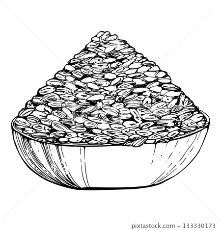 Dry seeds of lavandula lavender heap in round wooden ceramic bowl. Isolated illustration, vector ink hand drawn. Linen closet herbal potpourri, handmade packaging, relaxation and calming aromatherapy Dry seeds of lavandula lavender heap in round wooden ceramic bowl. Isolated illustration, vector ink hand drawn. Linen closet herbal potpourri, handmade packaging, relaxation and calming aromatherapy 133330173