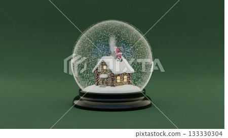 綠色背景上的聖誕老人小屋雪球 - 溫馨的聖誕背景設計 133330304