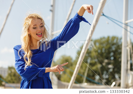 Fashion model wearing blue navy shirt Fashion model wearing blue navy shirt 133330342