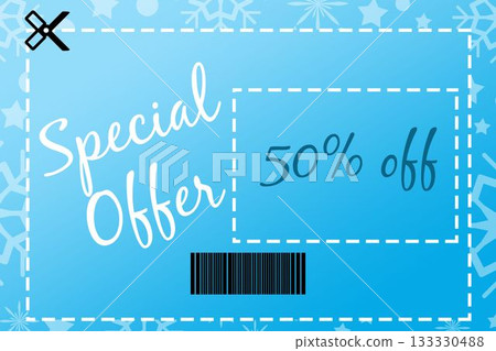 Promotional coupon is being shown in flat design, with dashed border, snowflakes, 50% off, barcode Promotional coupon is being shown in flat design, with dashed border, snowflakes, 50% off, barcode 133330488