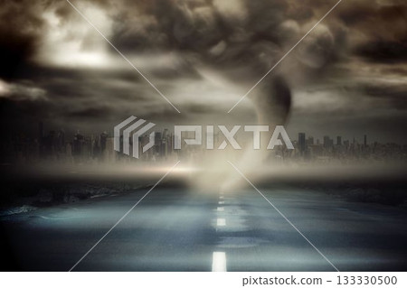 Stormy sky with tornado over road Stormy sky with tornado over road 133330500