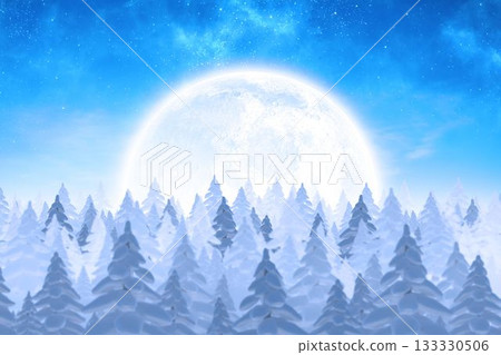 Winter woodland night scene is featuring flat design with glowing full moon and snow-covered pines Winter woodland night scene is featuring flat design with glowing full moon and snow-covered pines 133330506